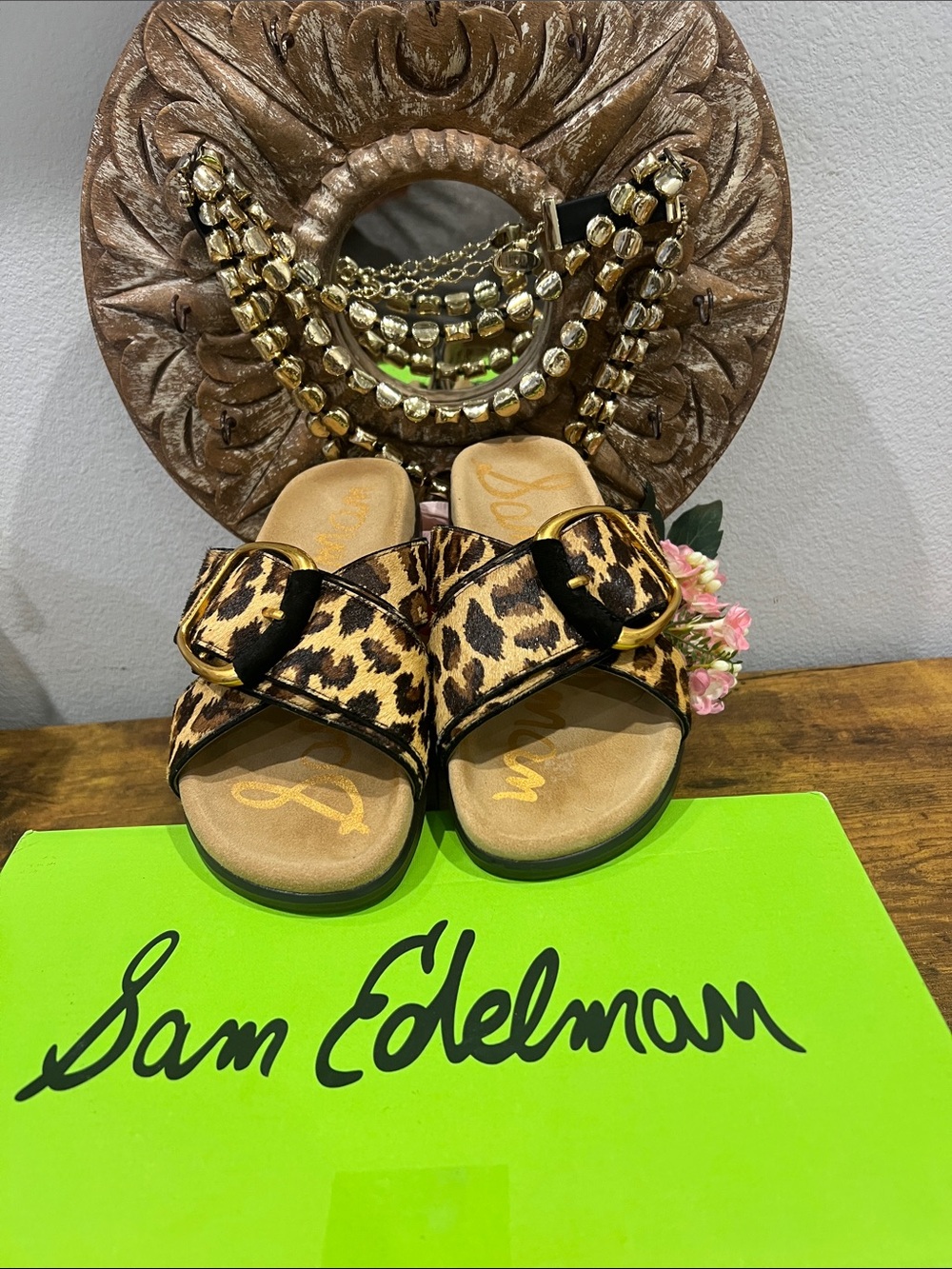 Sam Edelman Leopard Print Slide Sandals with Buckle - Brown/Black Size 8.5